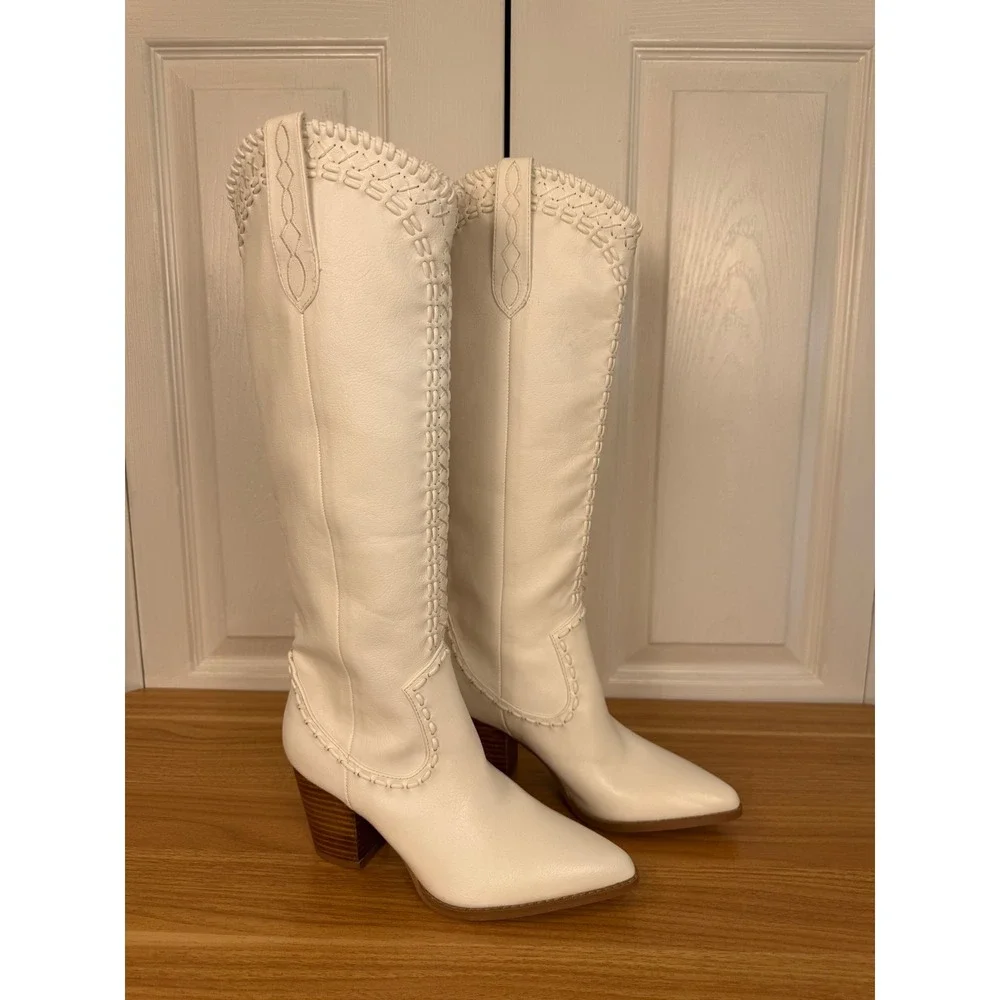 Show Me Your Mumu x Bilini Finley White Whipstitch Western Cowboy Boots Size 6